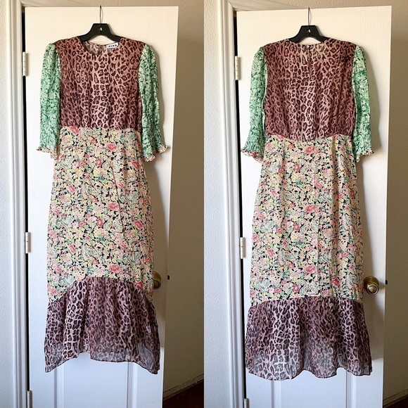 Rixo Dress Saffron Silk Crepe Keyhole Midi Black Green Meadow Leopard S GUC - Picture 2 of 10